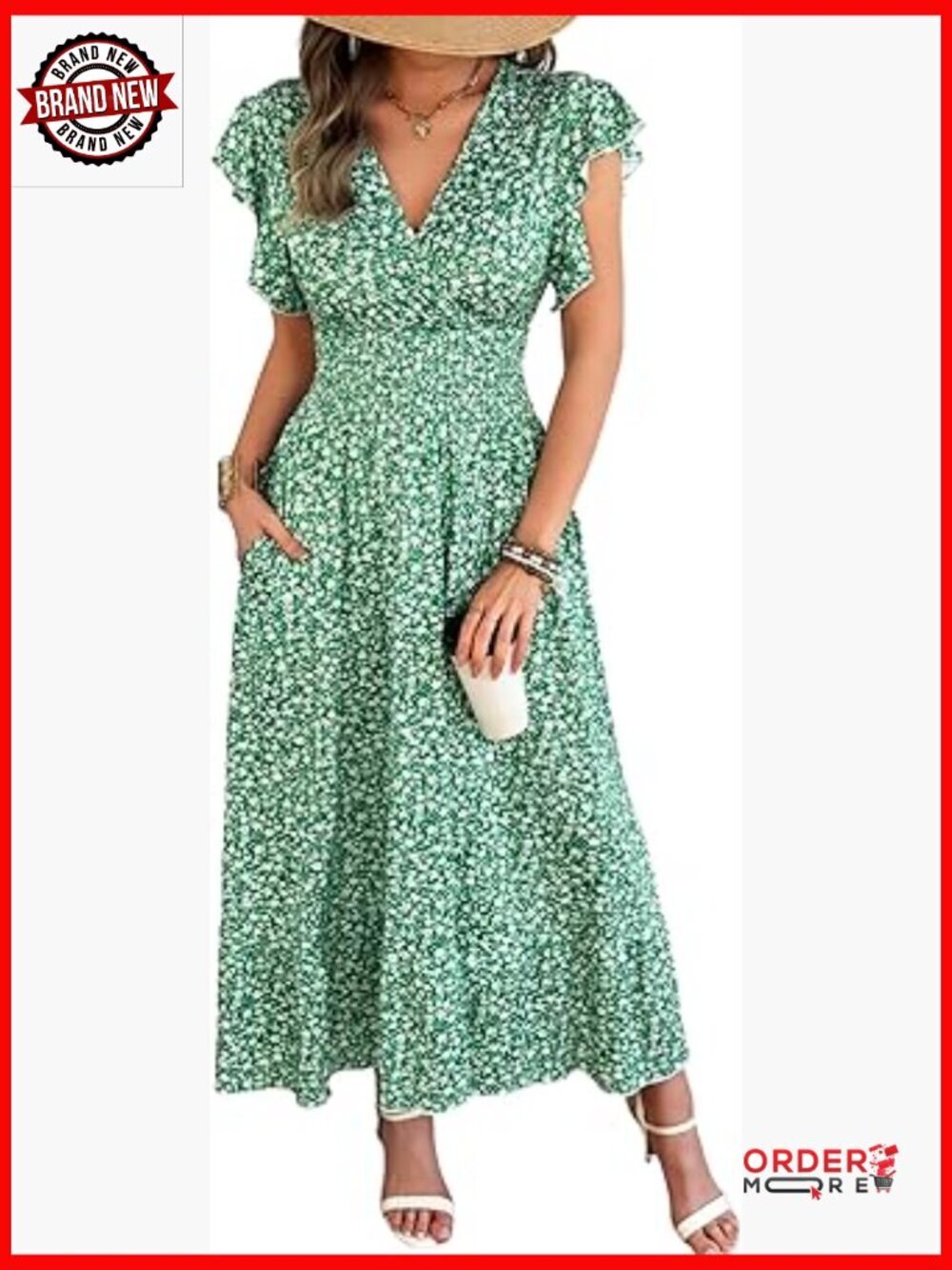 Maxi Floral Dress - Flutter Short Sleeve Wrap V-Neck Smocked Waist A-Line with